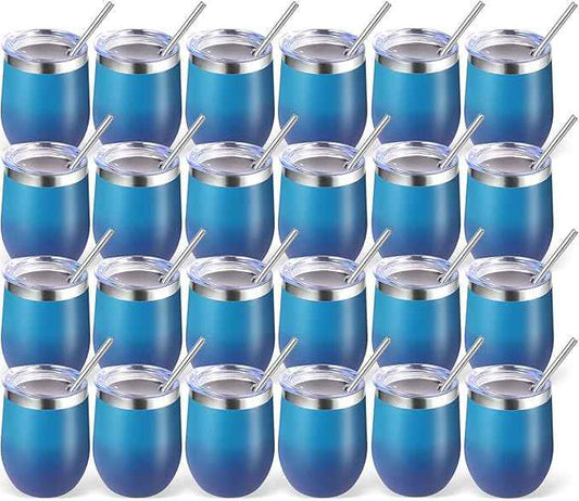 Volhoply 12oz Stainless Steel Wine Tumbler with Lid Bulk 24 Pack,Double Wall Vacuum Stemless Wine Glasses,Reusable Metal Travel Coffee Mug with Straw,Insulated Cup Gift for Women（Dark Night,24 Set）