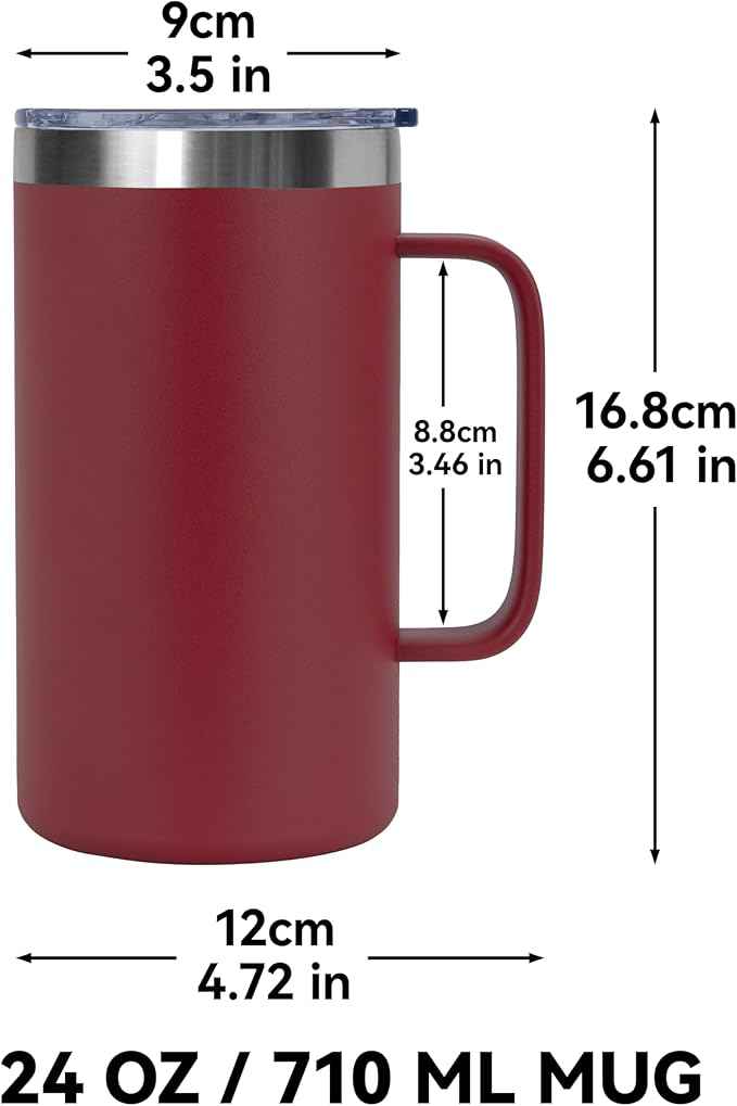 DOMICARE 24oz Mug with Handle and Lid, Stainless Steel Coffee Mug, Travel Mug with Handle, Double Wall Vacuum Coffee Tumbler, Reusable Insulated Cup, Dark Red, Pack 4