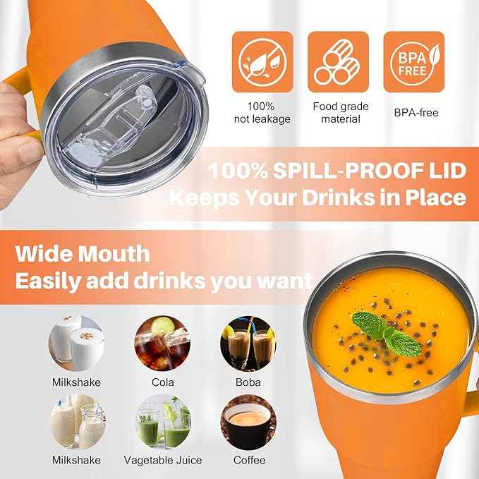 30 oz Tumbler with Handle, Stainless Steel Insulated Tumbler with Lid and Straw, Double Wall Vacuum Coffee Mug Tumbler, Insulated Coffee Thermal Cup for Cold and Hot (Orange)