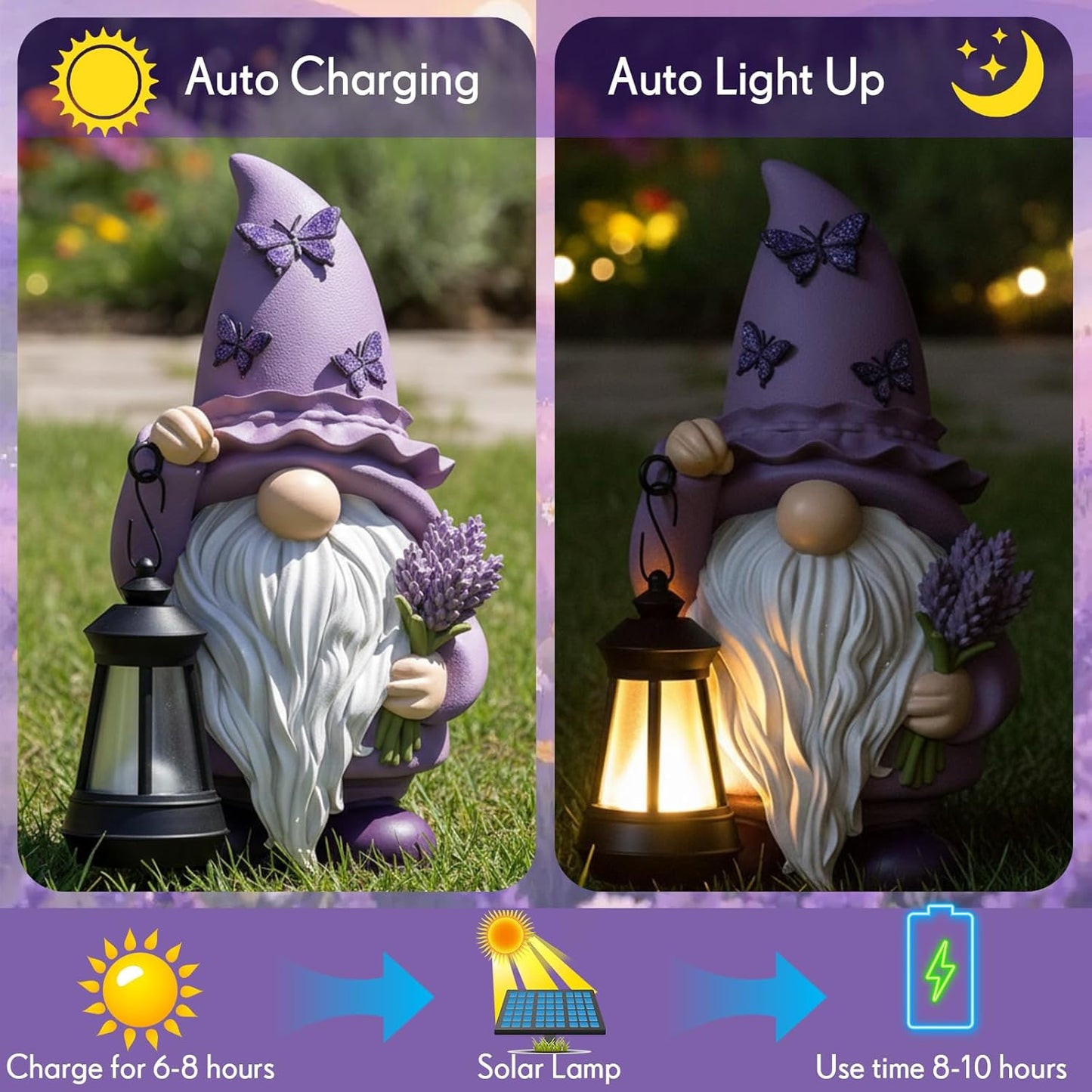 Capoda Solar Spring Gnome Statue 8" Garden Resin Gnome Figurine Holding Lantern with Solar LED Lights Decorations for Table Outdoor Yard Patio Lawn Porch Decor (Lavender)
