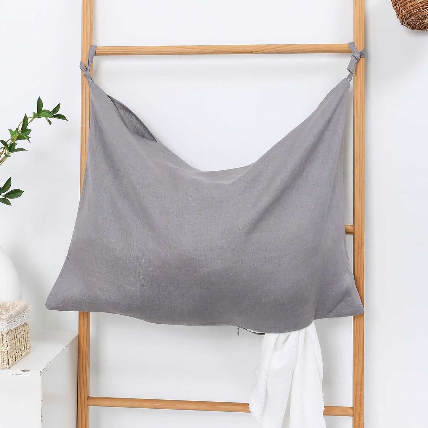 Hanging Linen Laundry Bag, 100% Pure Flax Linen Over The Door Hamper with Bottom Zipper for Laundry Room, Household Dirty Cloth Storage Organizer Bag, Gray