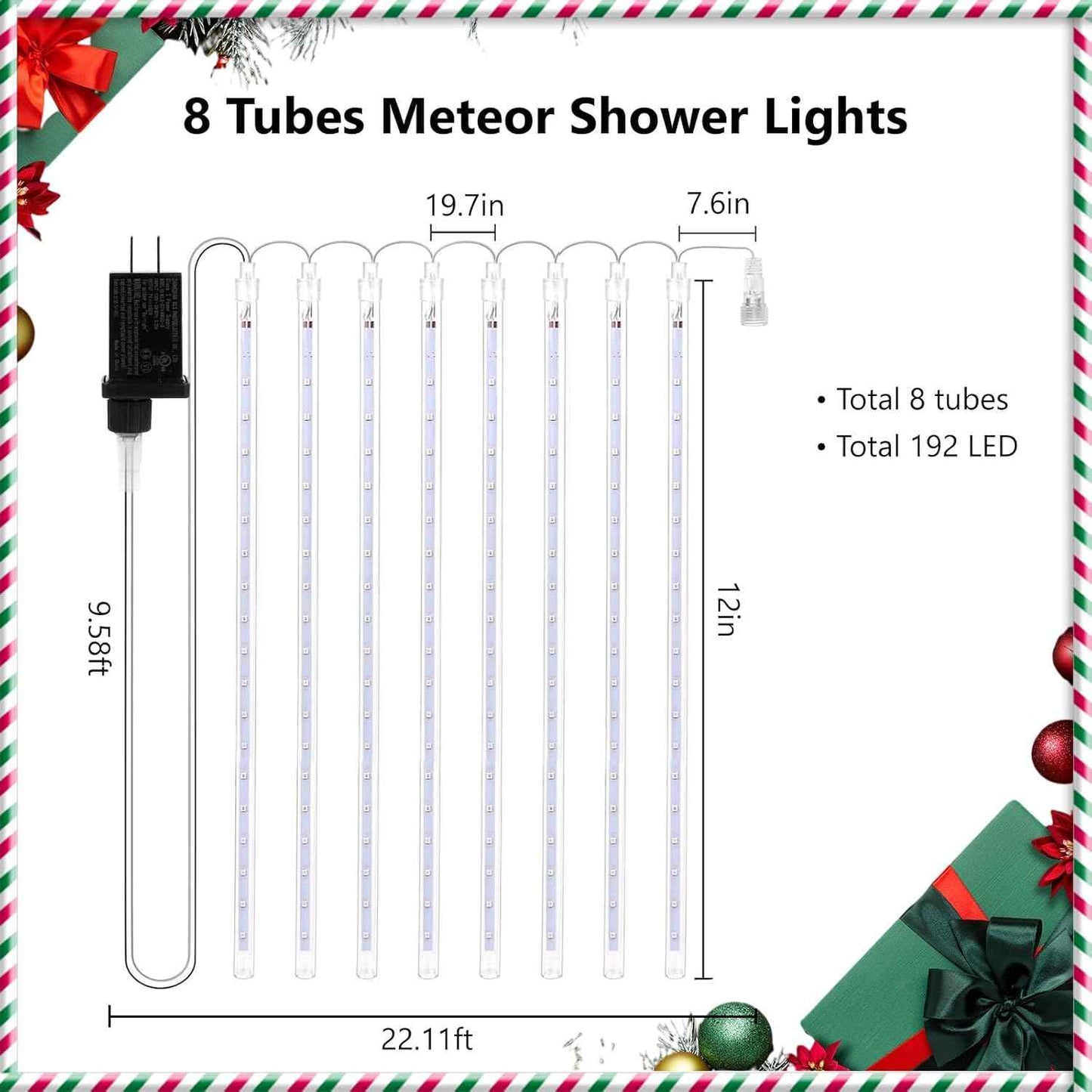 Christmas Meteor Shower Lights 8 Tubes 11.8 inch 360 LED Icicle Lights Waterproof Falling Rain Light US Plug for Tree House Yard Party Outdoor Decor (Multicolor)