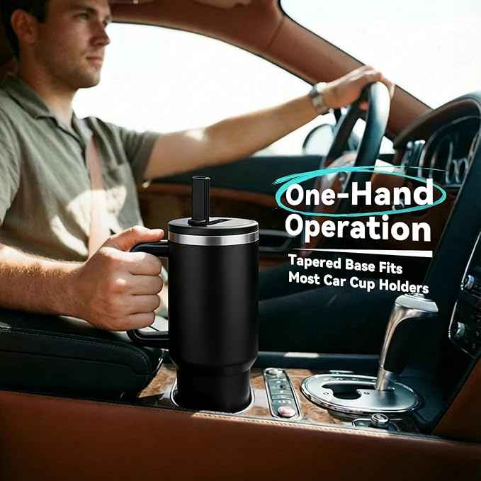 BENZZO Leak-proof 40oz Tumbler with Handle - Black Insulated Water Bottle With Straw 40 OZ Insulated Coffee Mug Travel Cup
