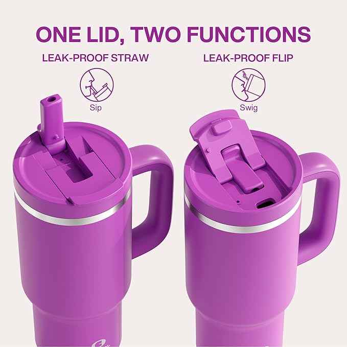 32 oz Tumbler with Handle and Straw: Stainless Steel Insulated Tumbler Keeps Cold for 24 Hours, Leakproof Travel Cup Fits in Cup Holder and BPA-Free,Bright Magenta