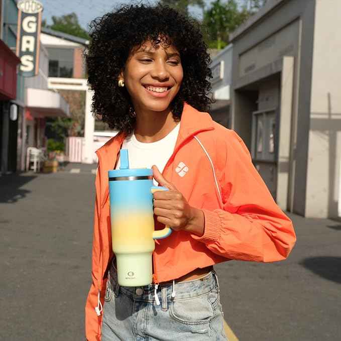 ENCOOL 32 oz Tumbler with Handle and Straw: Stainless Steel Insulated Tumbler Keeps Cold for 24 Hours, Leakproof Travel Cup Fits in Cup Holder and BPA-Free, Sunny Breeze