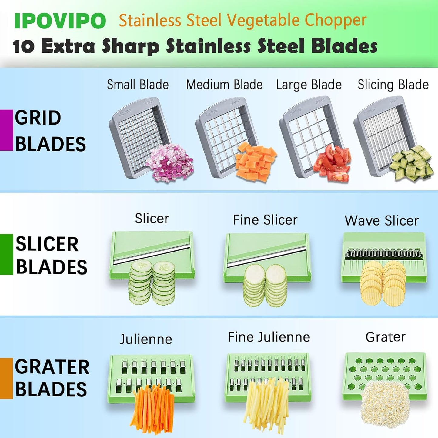 Stainless steel Vegetable Chopper, Veggie Chopper With 10 Blades, Onion Dicer with Container, Food Cutter & Grater Mandoline Slicer