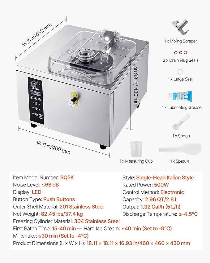 VEVOR Commercial Hard Ice Cream Machine, 500W 1.32 Gal/Hour, Gelato Hard Serve Ice Cream Maker with 2.8L 304 Stainless Steel Cylinder, Auto Clean LED Panel High Productivity for Snack Bar Restaurants