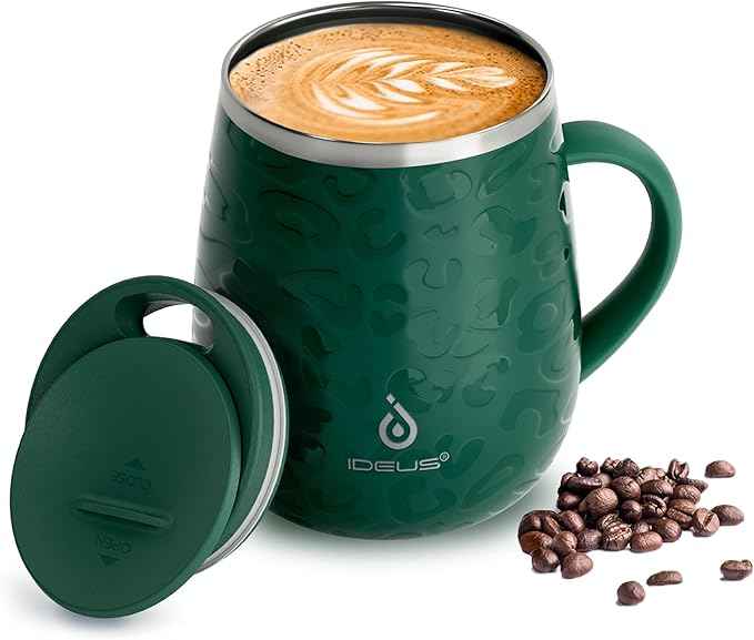 Ideus 16 oz (470 ml) Insulated Coffee Mug with Handle and Lid, Double Wall Stainless Steel Vacuum Thermal Coffee Mug, Travel Coffee Cup Thermal Cup for Home and Office, Leopard Green