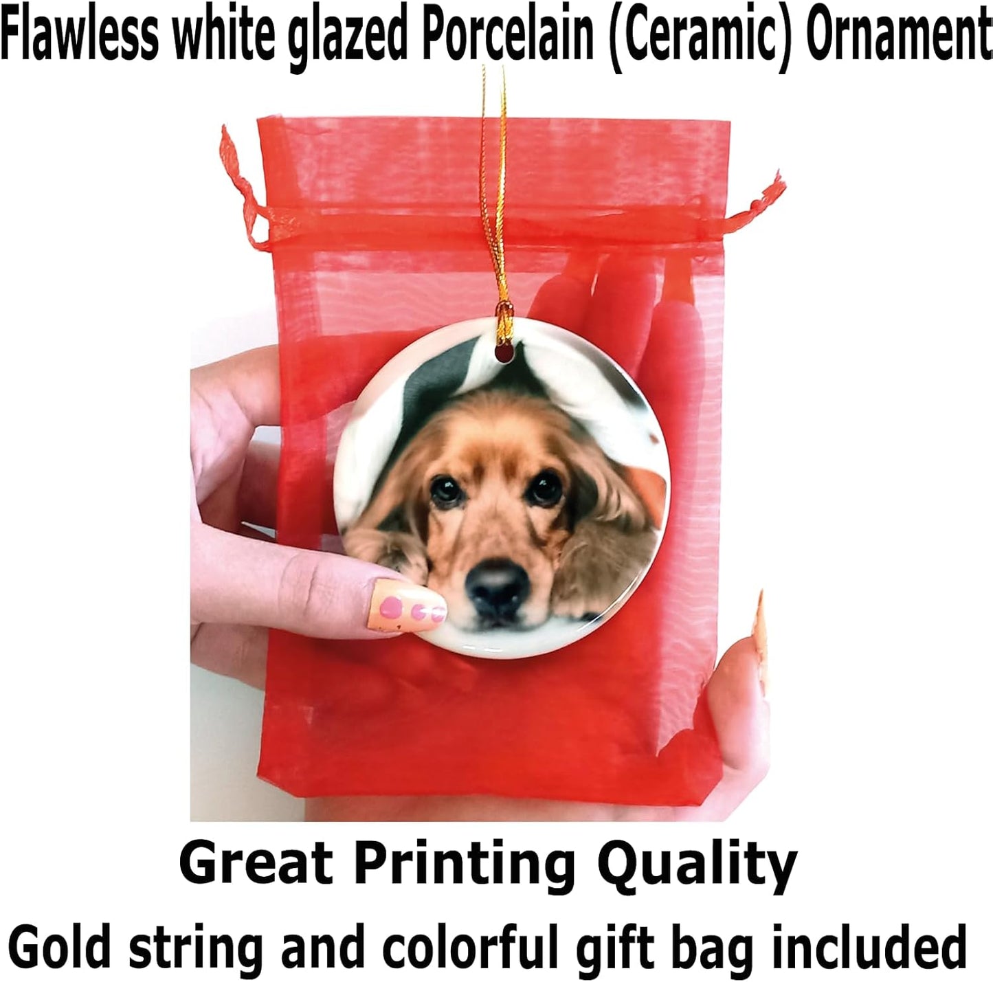 Personalized Christmas Ornament, Add Photo Text or Art Design and Make Your own Customized 3” Porcelain Ceramic Ornament, Gold String and Gift Bag Included (Round)