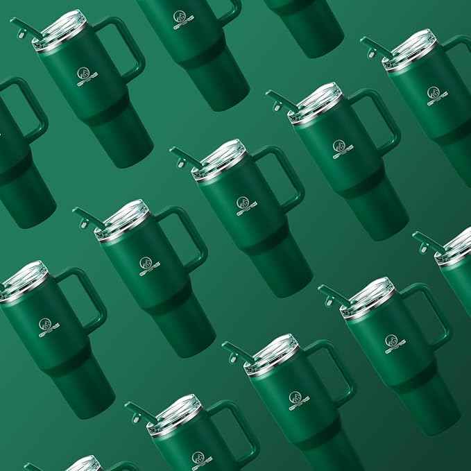 Gpeng 30/40/50 oz Tumbler with Handle, Water Bottles with Straw Lid, Insulated Stainless Steel Travel Mug Cup Holder Friendly, Keep Drinks Cold or Hot for Hours (Emeraldgreen, 30 oz)