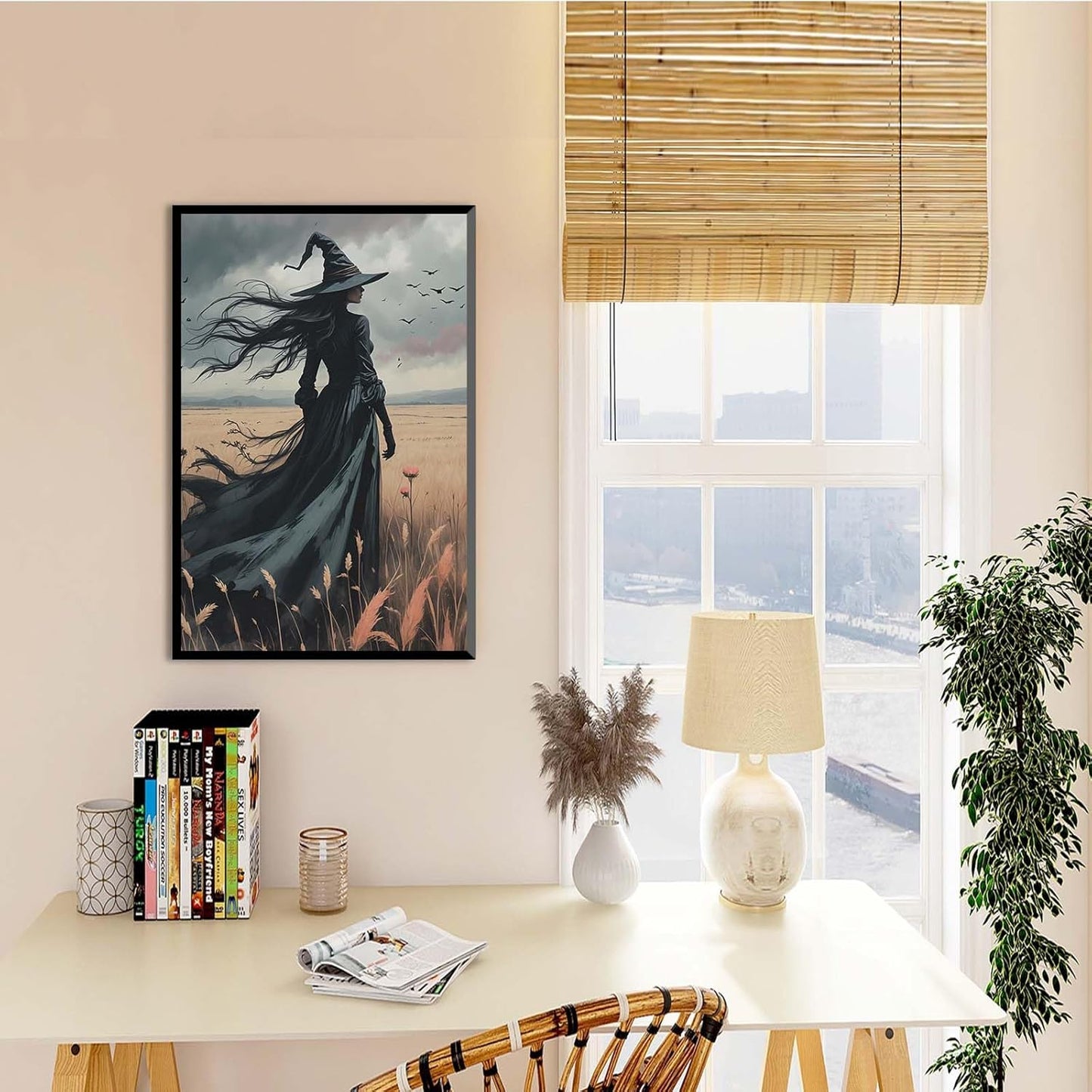 JFHCQJPK Gothic Decor Canvas Wall Art Witch in Rice Field Halloween Art Decor Print Nature Print Victorian Home Bedroom8x12in Metal blackFramed