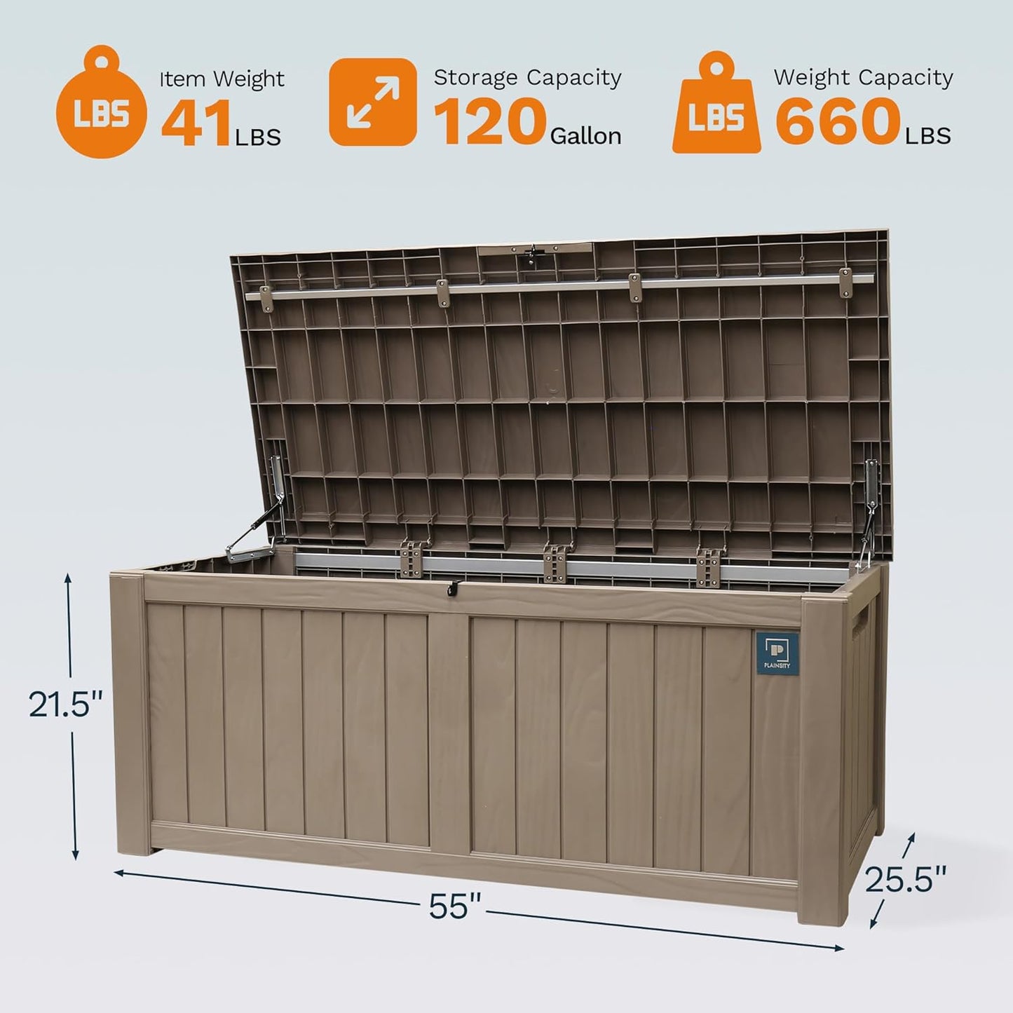 120 Gallon Large Outdoor Storage Box, Durable Deck Boxes Outdoor Waterproof, Resin Waterproof Deck Box for Patio Furniture Outdoor Cushions Garden Tools and Pool Storage (Light Brown, 120Gallon)
