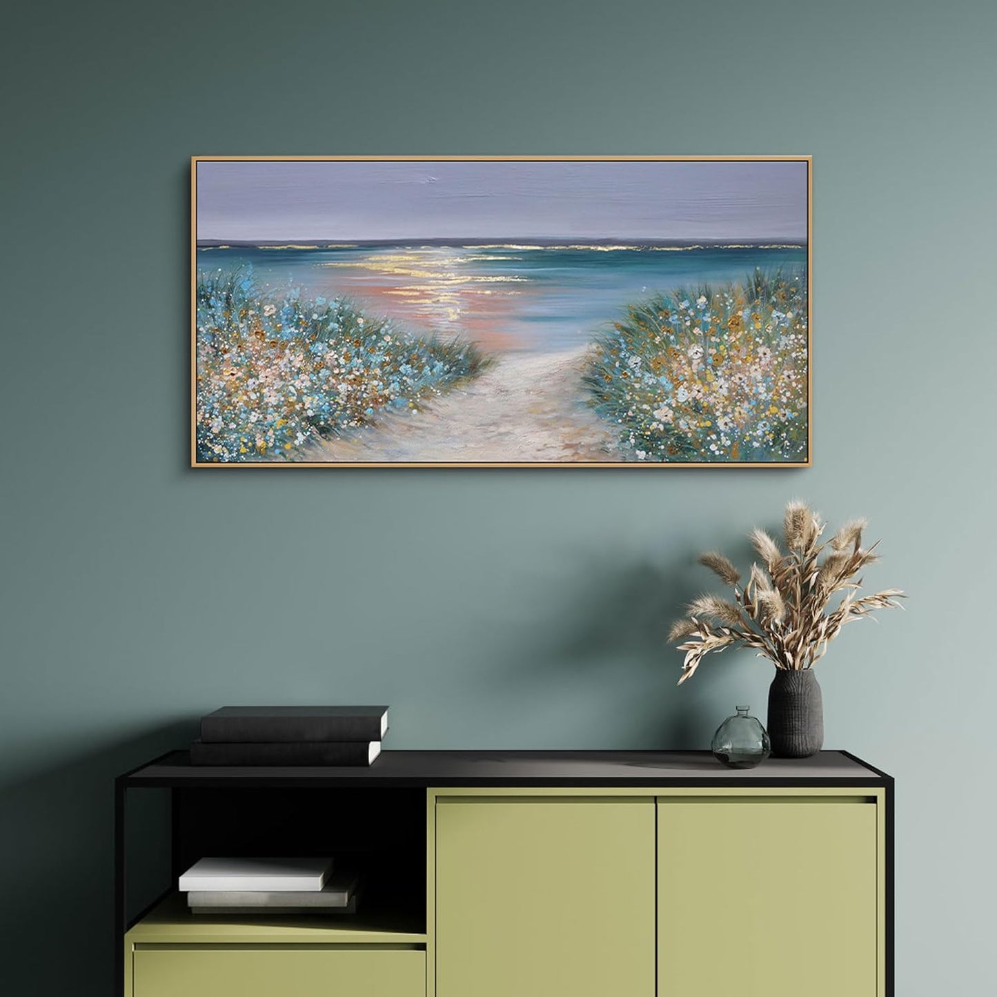 yiijeah Beach Wall Art Large Landscape Canvas Coastal Gold Picture Horizontal Artwork for Walls Ocean Prints Big Paintings Living Room Bedroom Office Home Decor 48x24 Inches