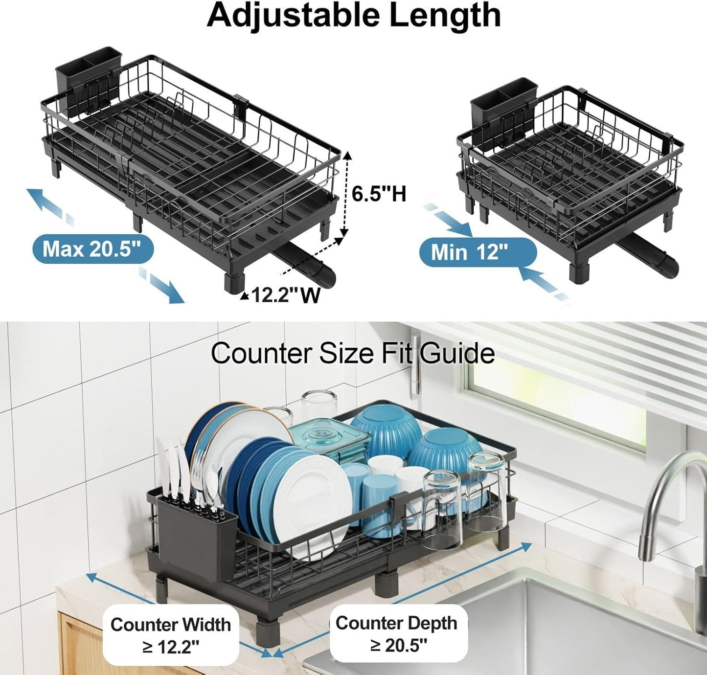 GSlife Expandable Dish Drying Rack for Kitchen Counter, 12-20.5 Inch Compact Dish Rack with Drainboard, Swivel Spout, Cup & Utensil Holder, Rust-Resistant Dish Drainer for Small Kitchen, RV, Black