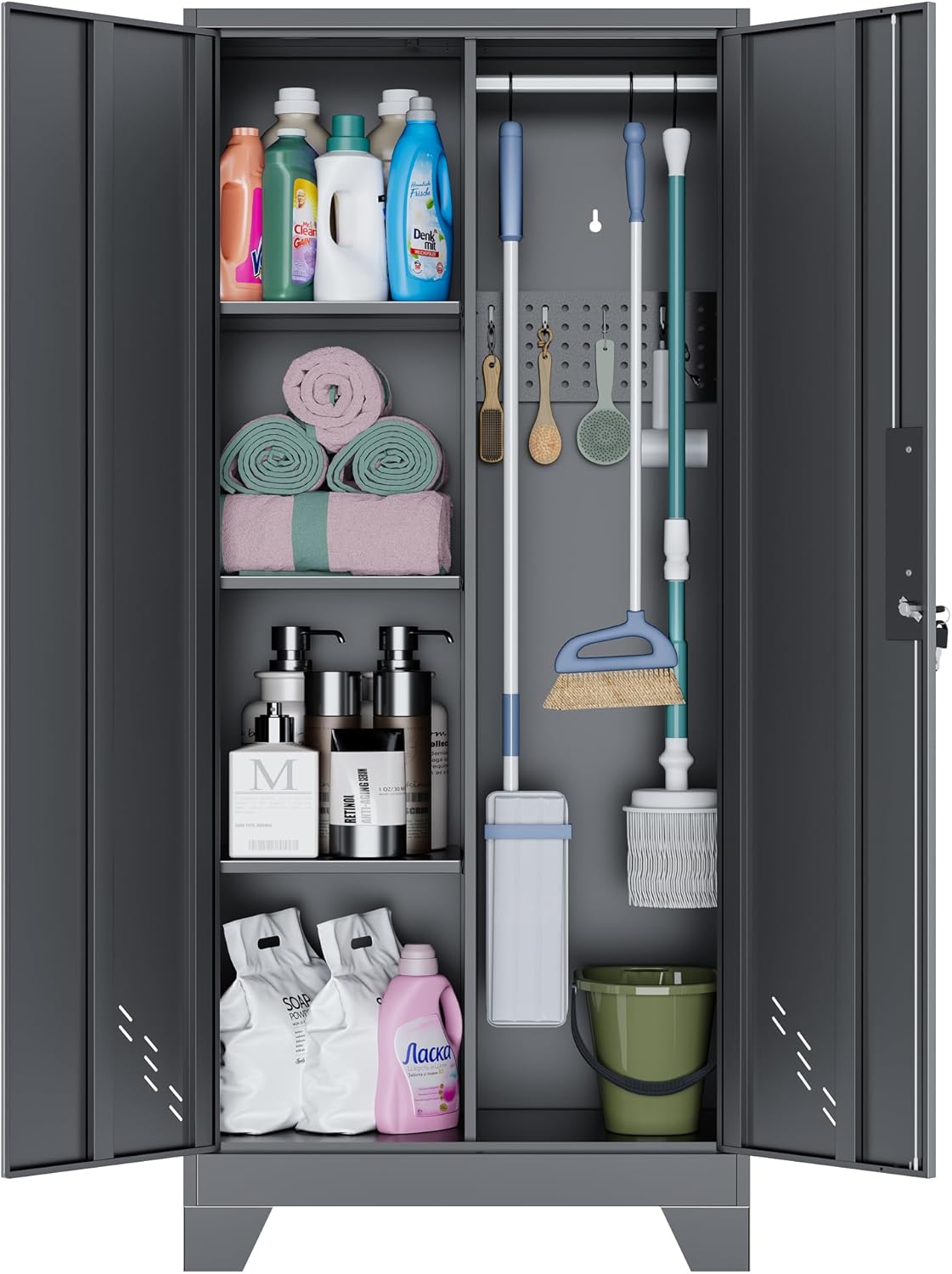 Metal Storage Cabinet with Locking Doors, 61" Tall Garage with Hanging Rod, Broom Closet, Freestanding Bathroom Storage Cabinet, Cleaning Tool,Black - Lumora Casa