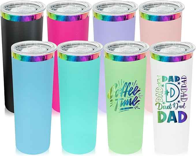 20 oz Skinny Tumblers Stainless Steel Tumbler with Lid and Straw Double Wall Vacuum Insulated Travel Coffee Mug 20oz Powder Coated Cup for Hot and Cold Drinks(Color Mix,8 pack)