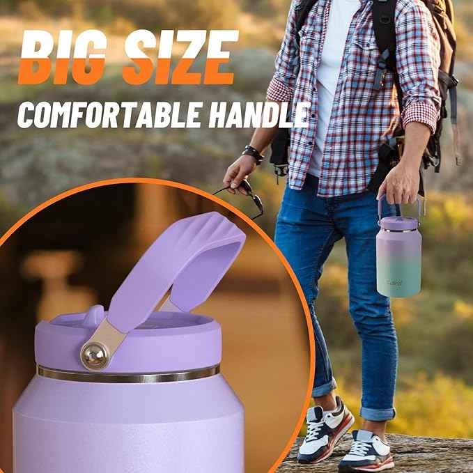 Half Gallon Insulated Water Bottle with Flip Straw, Vacuum Insulated Stainless Steel Jug with Top Handle, Leak-Proof Lid, Sweat-Free, Wide Mouth, Keeps Ice Cold up to 34 Hours