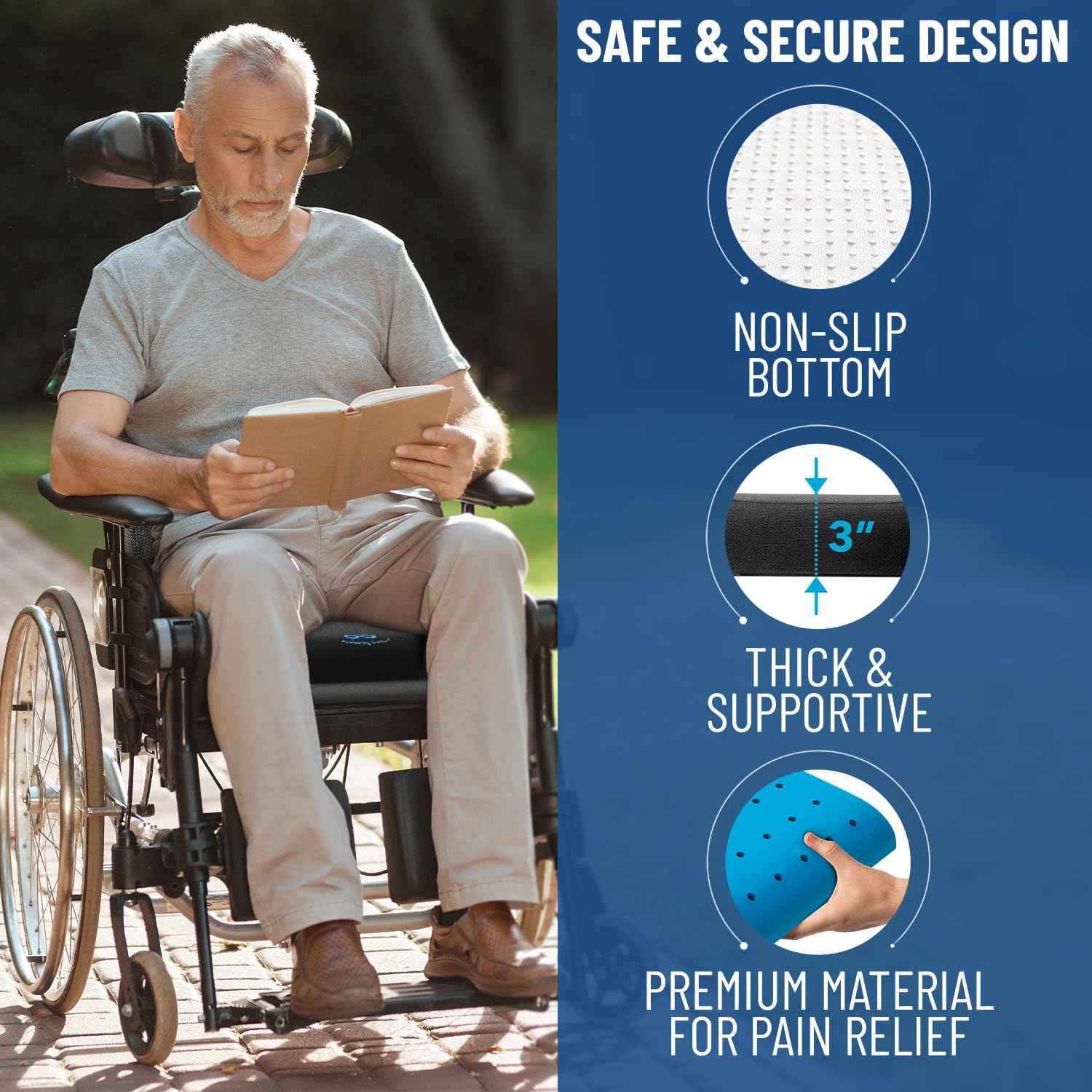 Everlasting Comfort Ventilated Wheelchair Cushions for Pressure Relief - Gel Memory Foam Wheel Chair Seat Cushion Pad for Seniors and Adults & Pain Relief - Soft Non-Slip Cover - Office Accessories