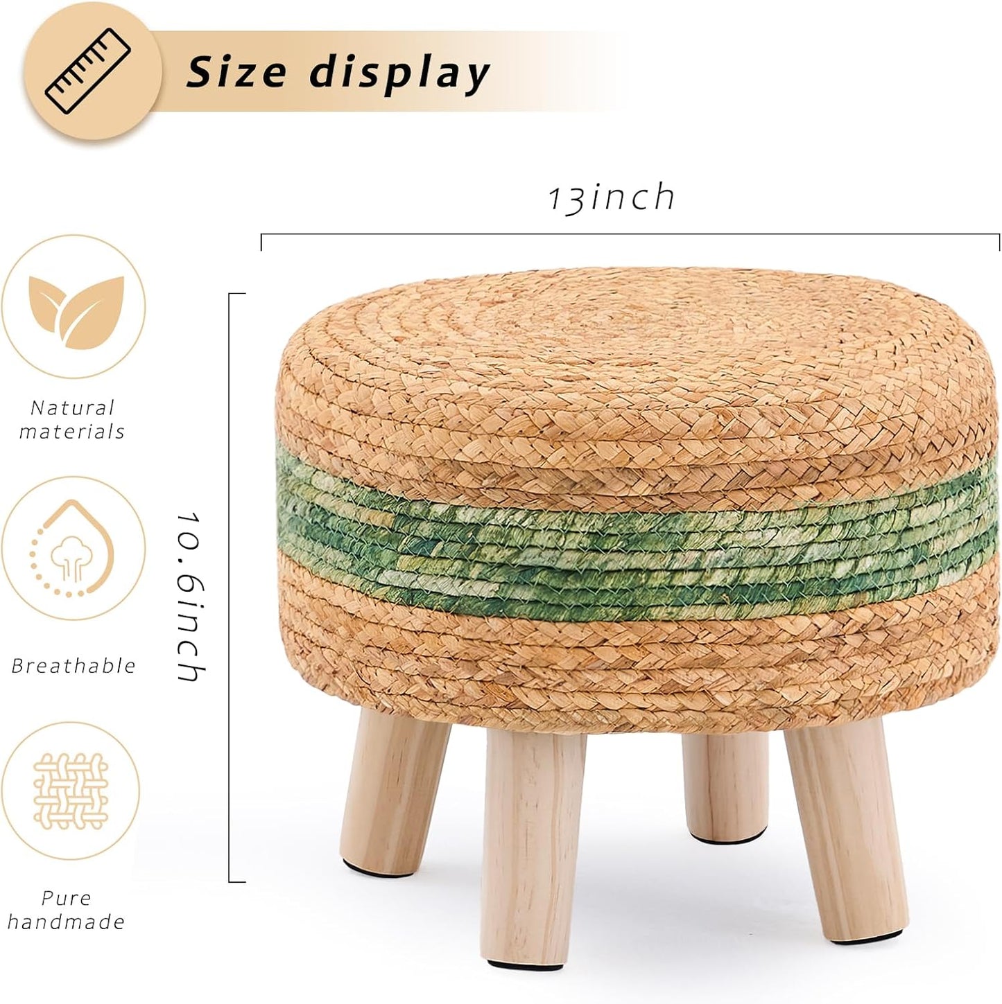 Handwoven Round Ottoman, Natural Water Hyacinth Outdoor Patio Pouf Seagrass Low Stool with Wood Legs, Soft Padded Footrest for Living Room Bedroom Garden, Green