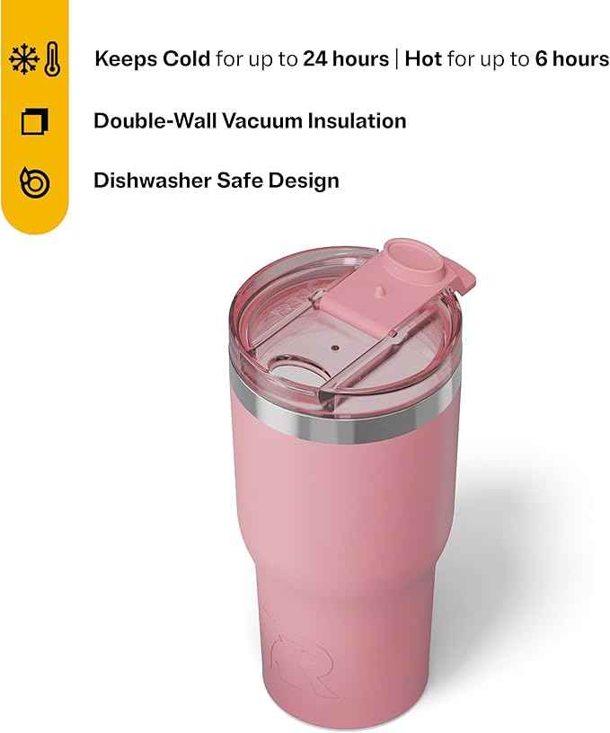 RTIC 20oz Essential Tumbler with Lid, Ceramic Lined, Insulated, Stainless Steel, Metal, Double Wall Vacuum-Insulation, Travel Cup for Iced Coffee, Tea, Hot and Cold Drink, Dusty Rose