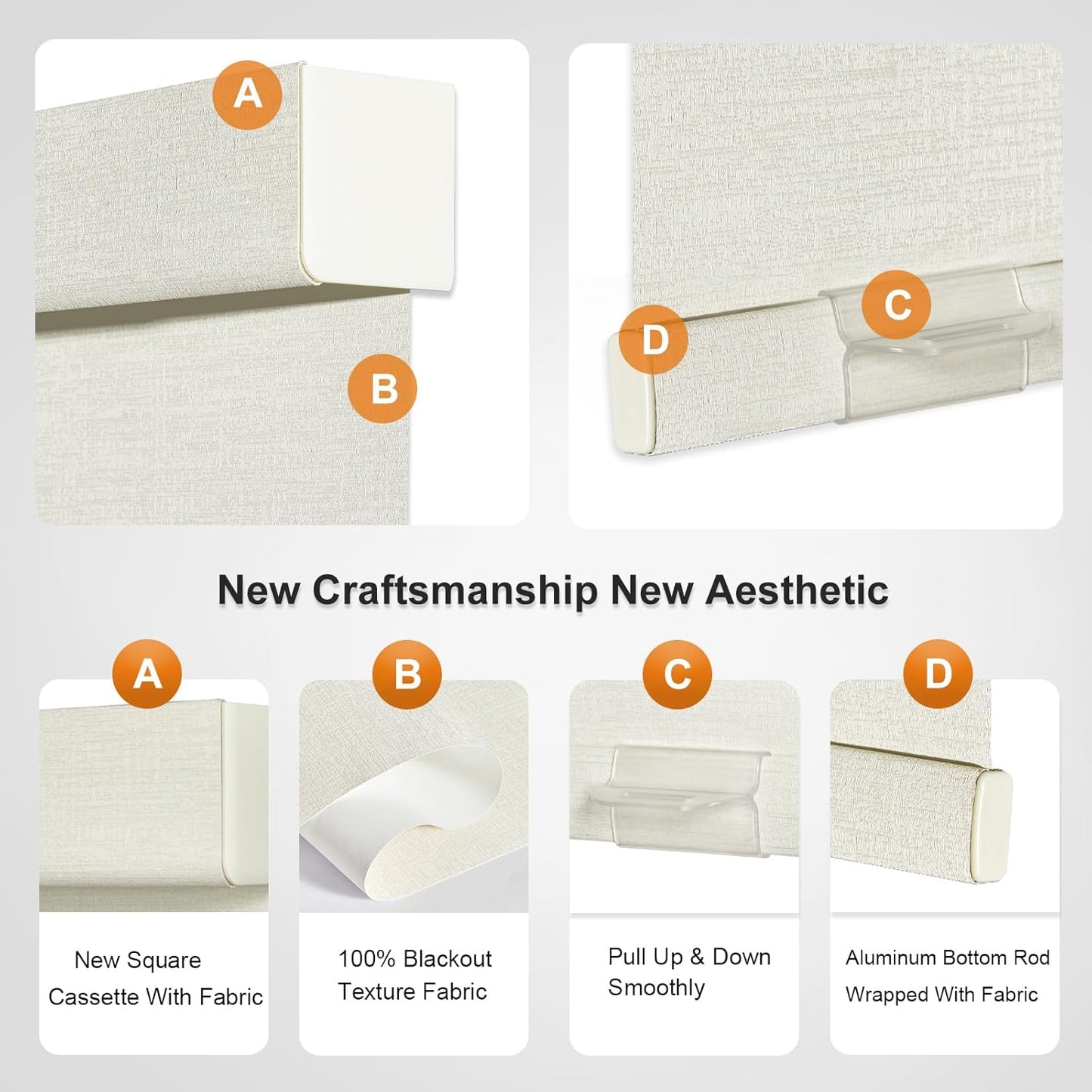 Persilux Blackout Shades for Windows Cordless Roller Blinds, Roller Windows Shades for Home with Fabric Attached Valance, UV Protections Easy Installation for Door/Office, Limestone(52" W x 72" H)