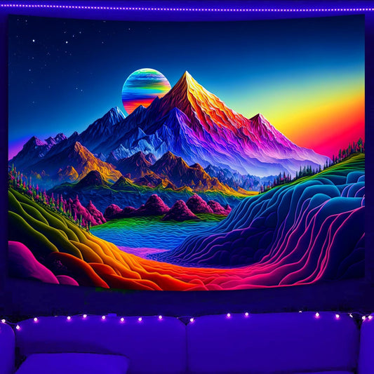 SparkLia Sunset Mountain Tapestry, Blacklight Colorful Forest Lake UV Reactive Tapestry, Neon Glow in the Dark Starry Stars Nature Landscape Wall Hanging Tapestries for Bedroom - 51.2" x 59.1"