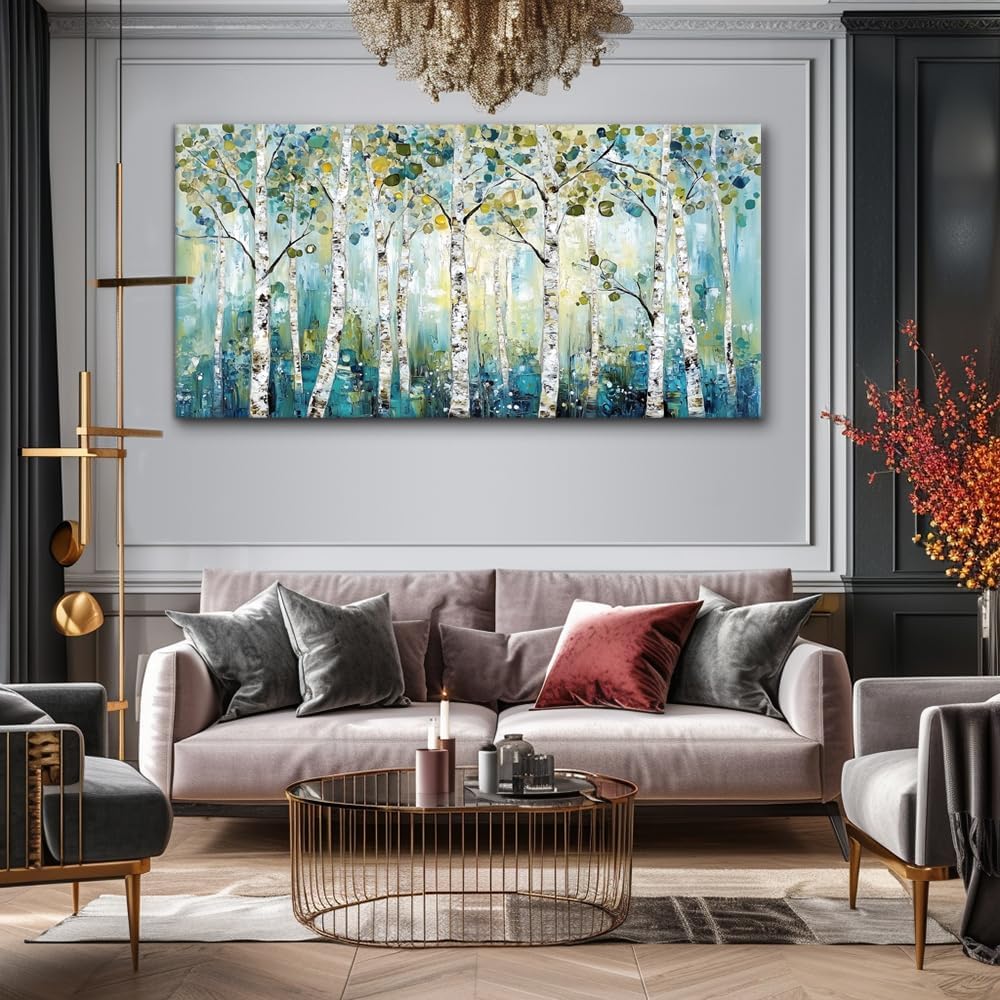 LASMOND Abstract Teal Grove Canvas Paintings Prints Modern Tree Wood Artwork Decor Wall Art for Living Room Bedroom Offices (58x28 Inches)