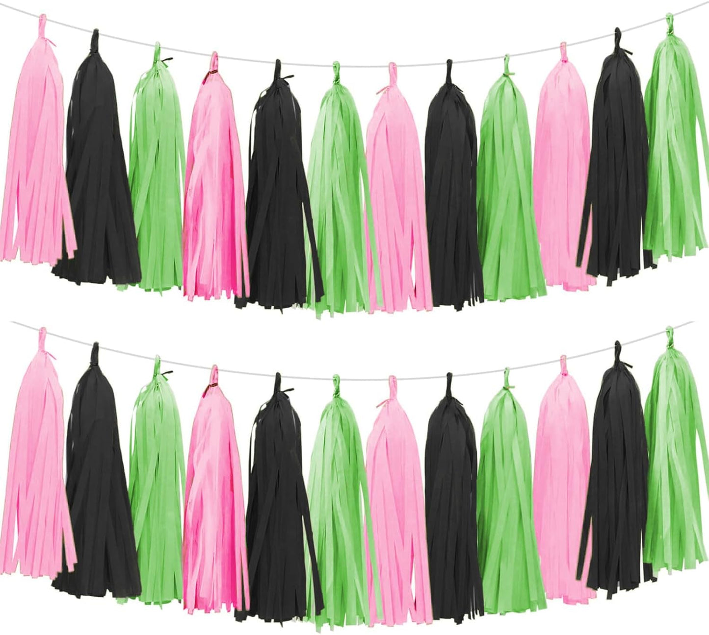 Tissue Paper Tassel Garland Banner, 15 Pack, Pink Green Black, Party Decorations for Birthday, Baby Shower