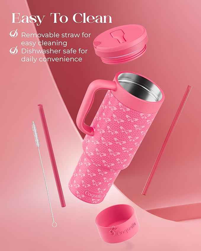 40 oz Insulated Tumbler with Handle and Push-Button Straw Lid, Stainless Steel Travel Cup for Gym Office, Leakproof, BPA-Free, Cup Holder Friendly, Bow Silicone Boot, Pink (Coquette Fuchsia)