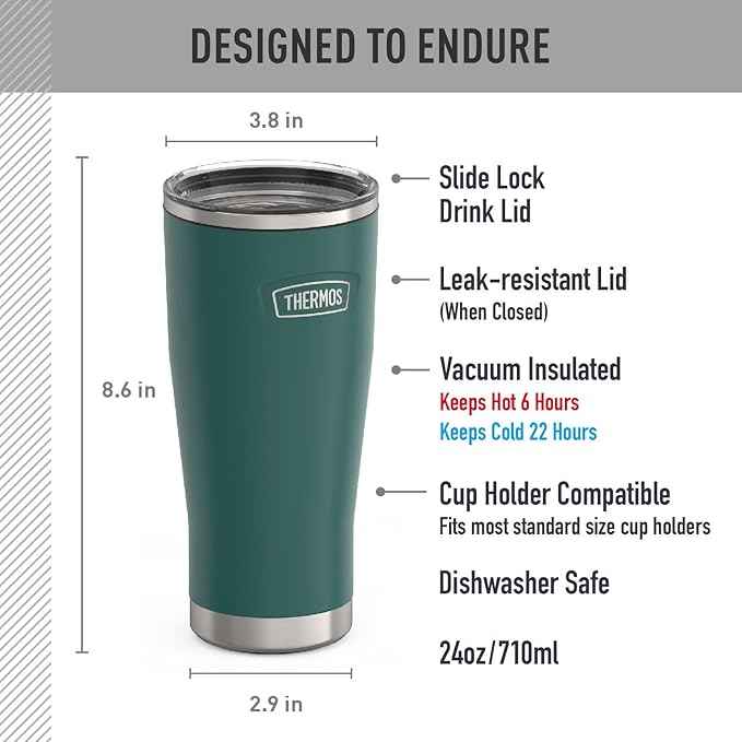 THERMOS ICON SERIES, Stainless Steel Cold Tumbler with Slide Lock, 24 Ounce, Spruce