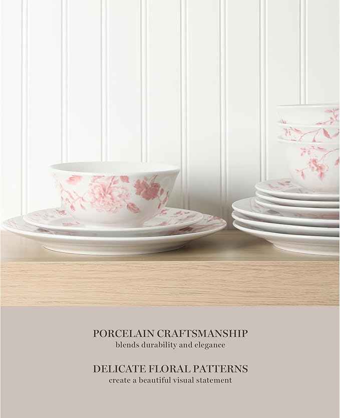 Martha Stewart Empress Bouquet 12-Piece Decorated Porcelain Chip and Scratch Resistant Dinnerware Plates and Bowls Set - Pink Floral