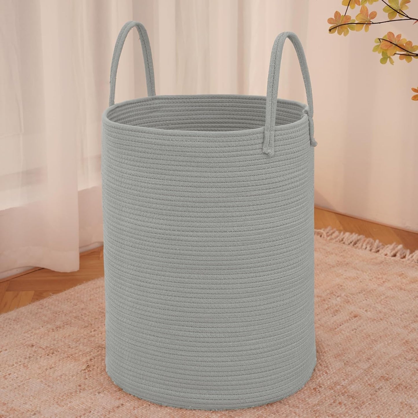 Large Woven Laundry Basket Hamper,80L Cotton Rope Storage Bin for Blankets,Toys and Clothes,Decorative Tall Nursery Hamper for Living Room,Baby Nursery,Bathroom and Bedroom,Grey