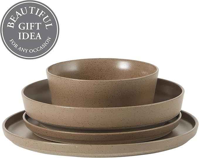 Gibson Elite Overbrook 16-Piece Pottery Clay Stoneware Dinnerware Set – Terraccotta Brown Reactive Glaze, Stackable Plates and Bowls w/Pasta Bowl, Service for 4 – Microwave & Dishwasher Safe