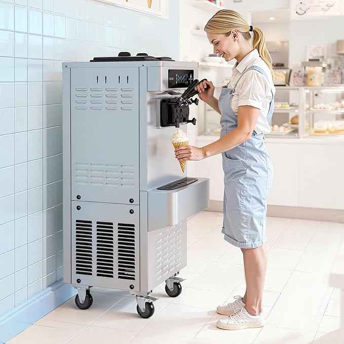 VEVOR Commercial Ice Cream Machine, 20-28L/H Yield 2200W Freestanding Soft Serve Ice Cream Maker with 3-Flavor, 2 x 6L Hoppers, Puffing Pump, Pre-Cooling Low-Mix Alert, Ideal for Snack Dessert Shop