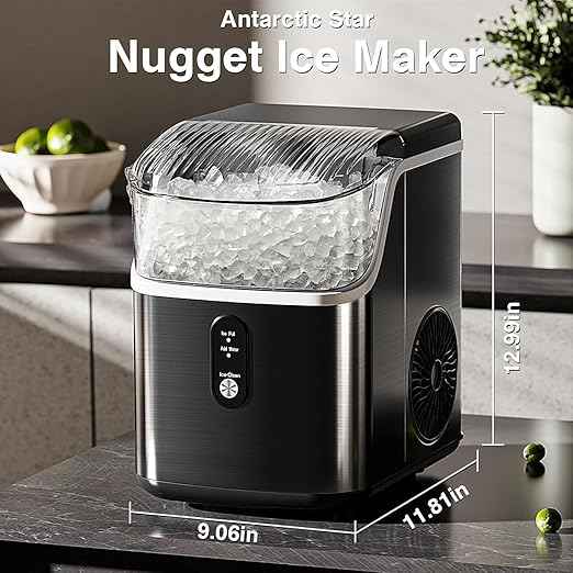 Antarctic Star Nugget Ice Makers Countertop, Portable Ice Machine with Ice Scoop & Basket, 34Lbs/24H, Self-Cleaning, One Click Operation for Camping/RV/Party (Stainless Steel Black)