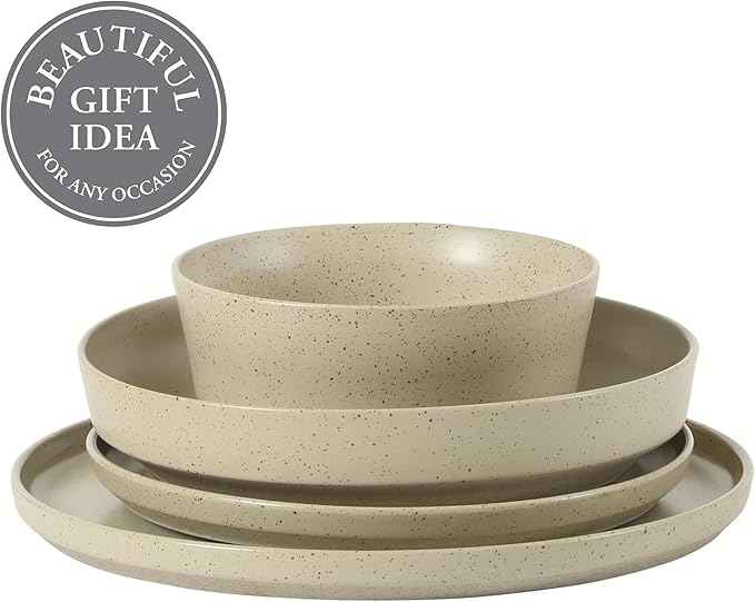 Gibson Elite Overbrook 16-Piece Pottery Clay Stoneware Dinnerware Set – White Reactive Glaze, Stackable Plates and Bowls w/Pasta Bowl, Service for 4 – Microwave & Dishwasher Safe