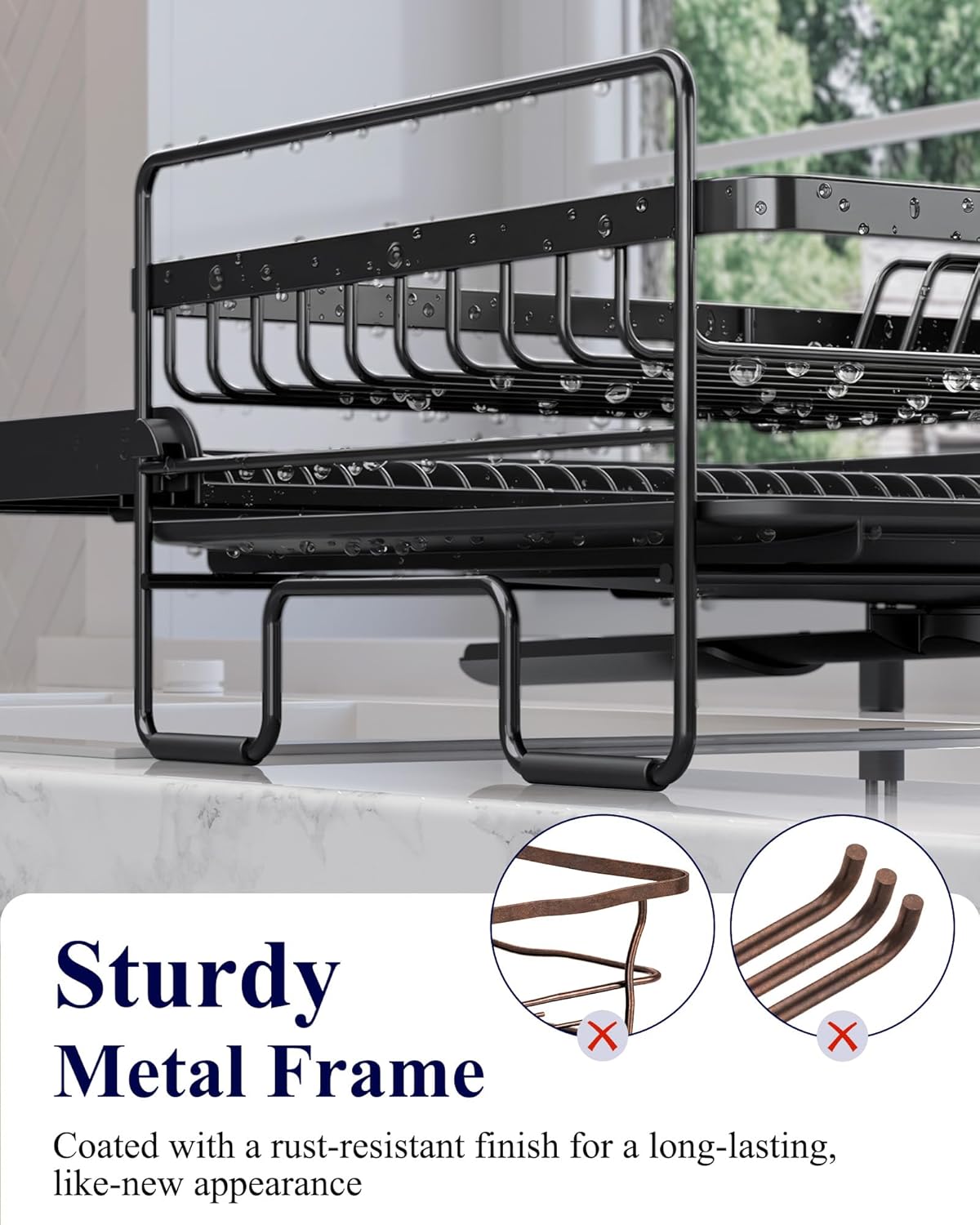 Kitsure Extendable Dish Drying Rack - Adjustable Length 12.8"–21.0", Auto-Draining Dish Rack for Kitchen Counter, Rust-Resistant Metal Frame Over-Sink Support for Plates, Bowls & Utensils, Black