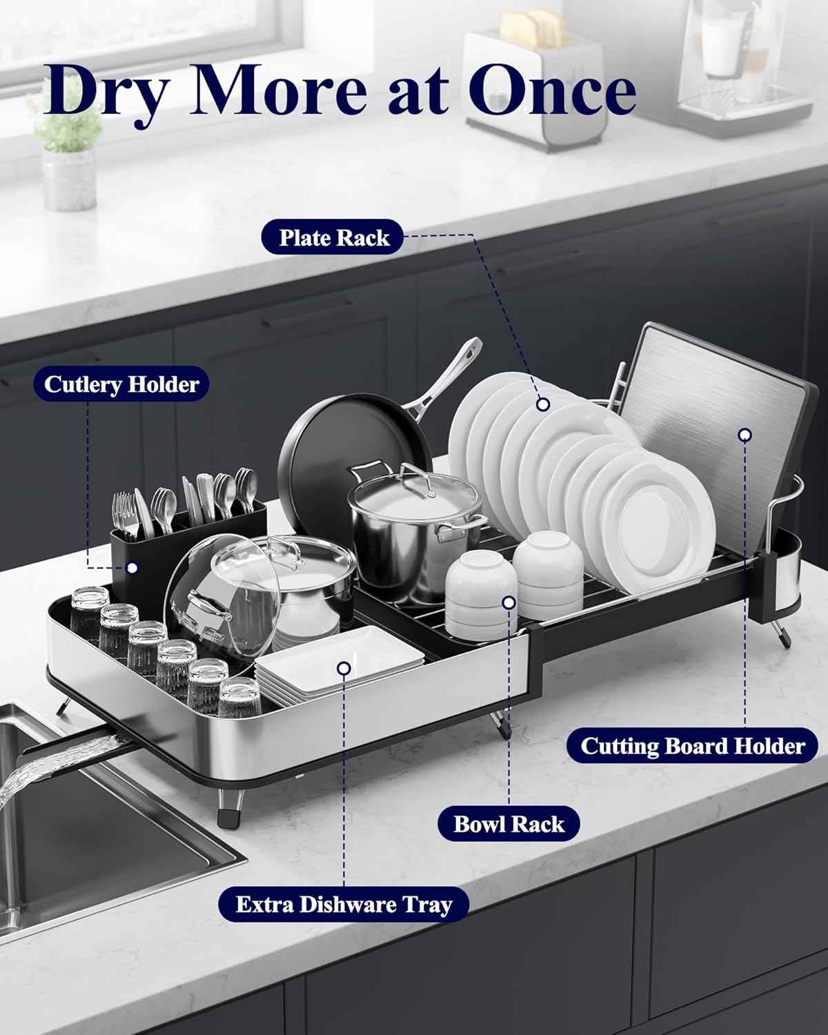 Kitsure Dish Drying Rack - Expandable Stainless Steel Dish Racks for Kitchen Counter, Auto-Drain Drying Rack for Kitchen with Cutlery Holder & Non-Slip Feet, 16.1-26.6" L x 12.6" W, Black