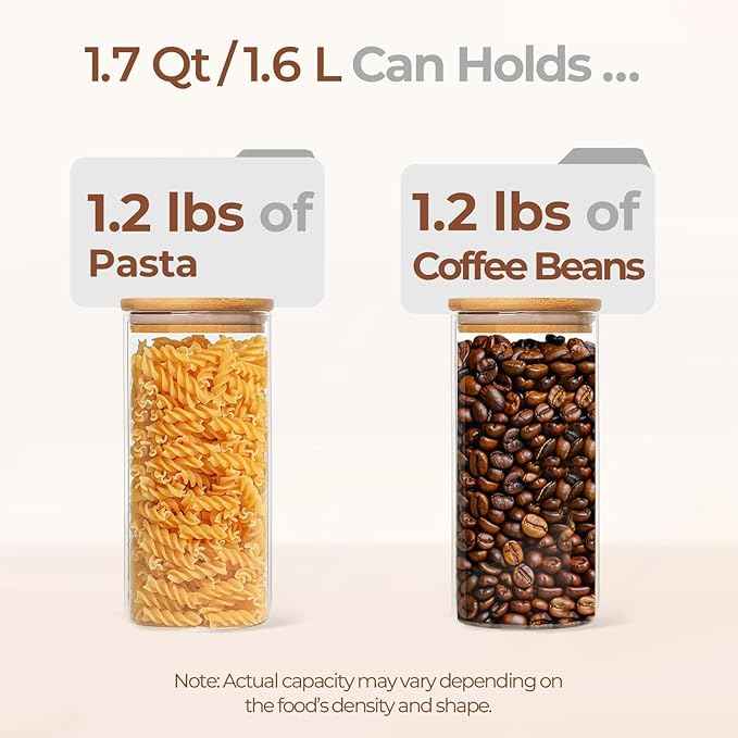 ComSaf 1.7 Qt Glass Storage Containers with Lids, Glass Jars with Lids, Clear Food Storage Jar, Round Canister Set of 3, Pantry Organizers for Pasta Flour Cookie Rice Tea Coffee Bean