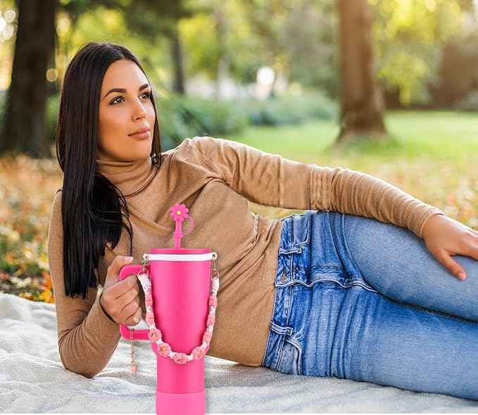 40 oz Tumbler with Handle and Straw & 6PCS Cup Accessories for 40 oz Cup - Vacuum Insulated Stainless Steel Double Wall Water Bottle Travel Coffee Mug - Holiday Gifts for Women Men (Raspberry Vibes)