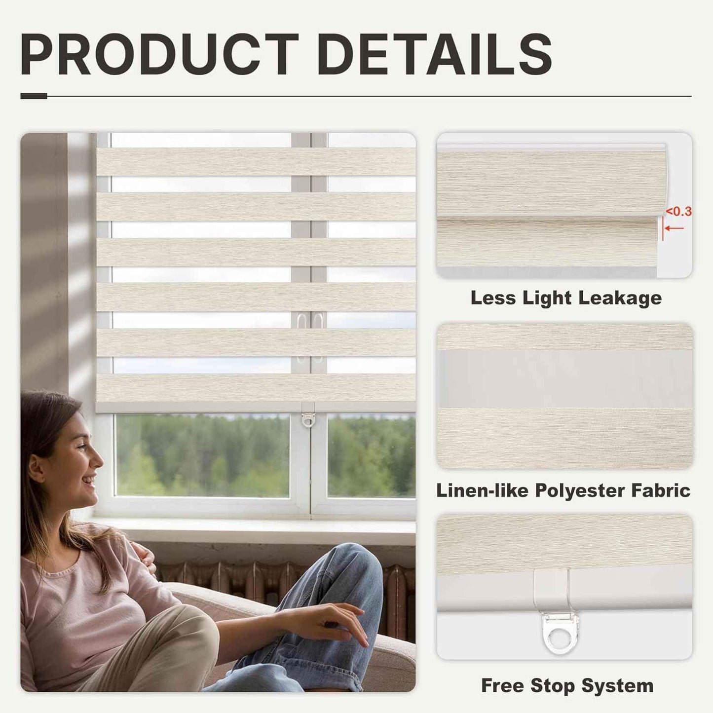 HESTIA Cordless Light Filtering Zebra Shades for Windows, Day Night Dual-Layer Linen-Look Woven Fabric Roller Shades, Privacy Light Control for Living Room/Home Office, Cream, 34" W x 77" H