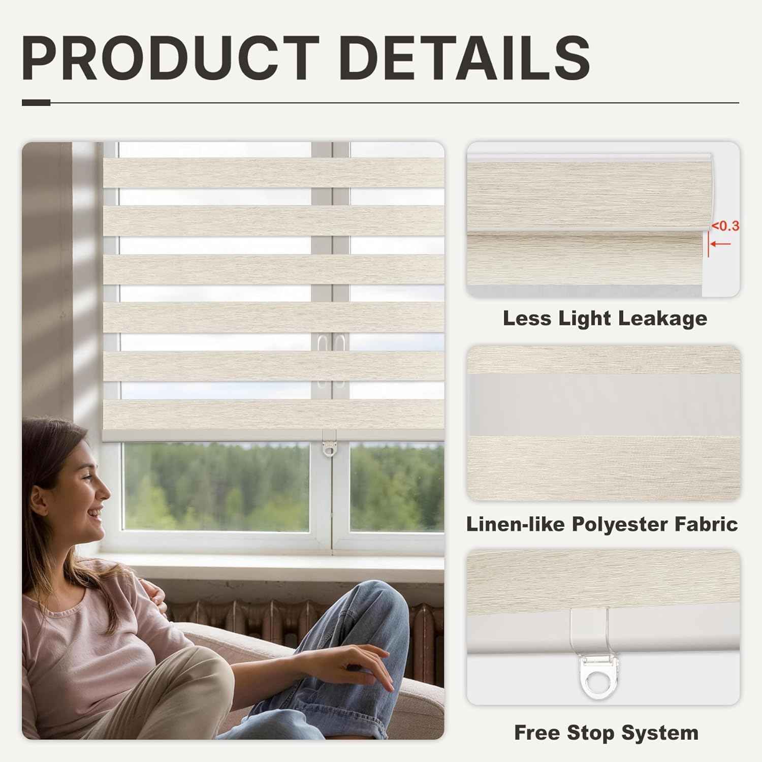 HESTIA Cordless Light Filtering Zebra Shades for Windows, Day Night Dual-Layer Linen-Look Woven Fabric Roller Shades, Privacy Light Control for Living Room/Home Office, Cream, 34" W x 77" H