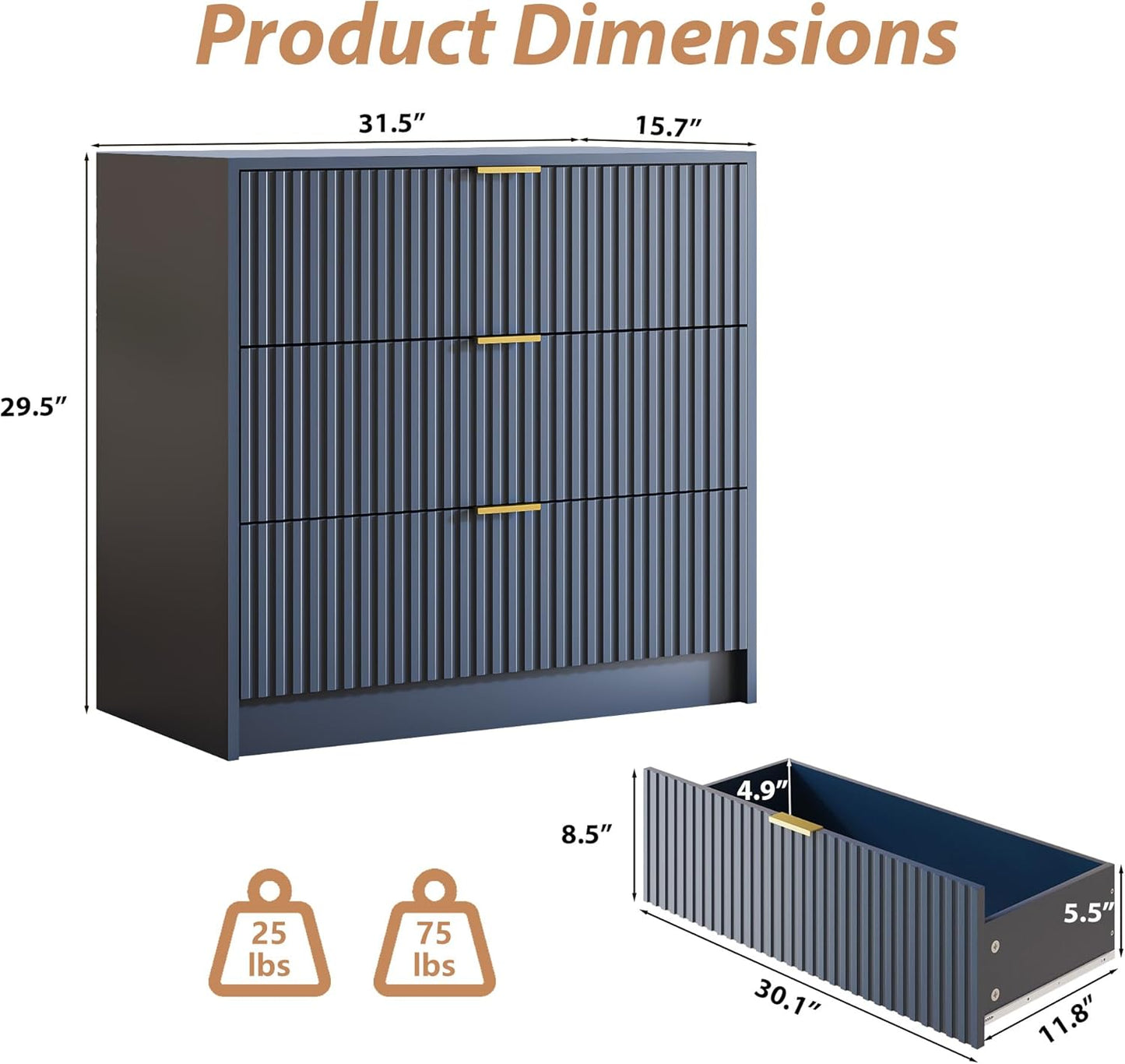 Fluted Dresser for Bedroom, 32 Inch Wide Nightstand with Large Drawer, 3 Drawer End Table for Bedroom, Living Rooms, Offices, and Entryways, Navy Blue