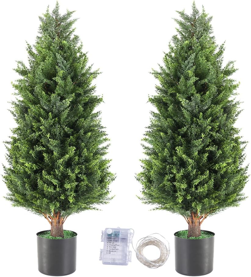 3FT Artificial Cedar Topiary Trees Set of 2, UV Resistant Lifelike Fake Evergreen Pine Potted Shrubs Plants Outdoor, Realistic Faux Cypress Bushes for Front Porch Indoor Home Garden Christmas Decor