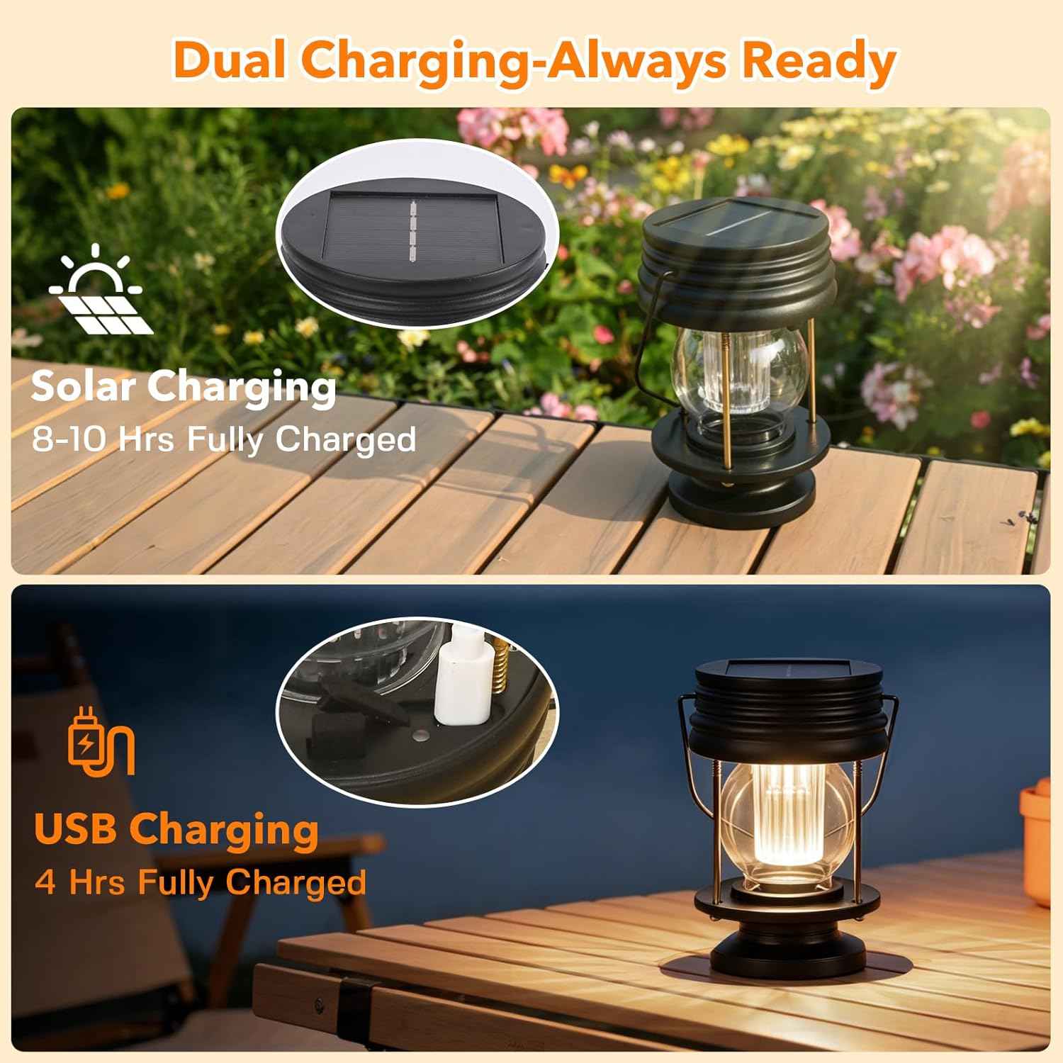 Solar Lanterns Outdoor Hanging Lights Patio Decor, Upgraded Dual Solar & USB Charging, Adjustable Light Sensor, Retro Decorative Table Lamp Waterproof, Indoor Outdoor Garden Patio Yard Decoration