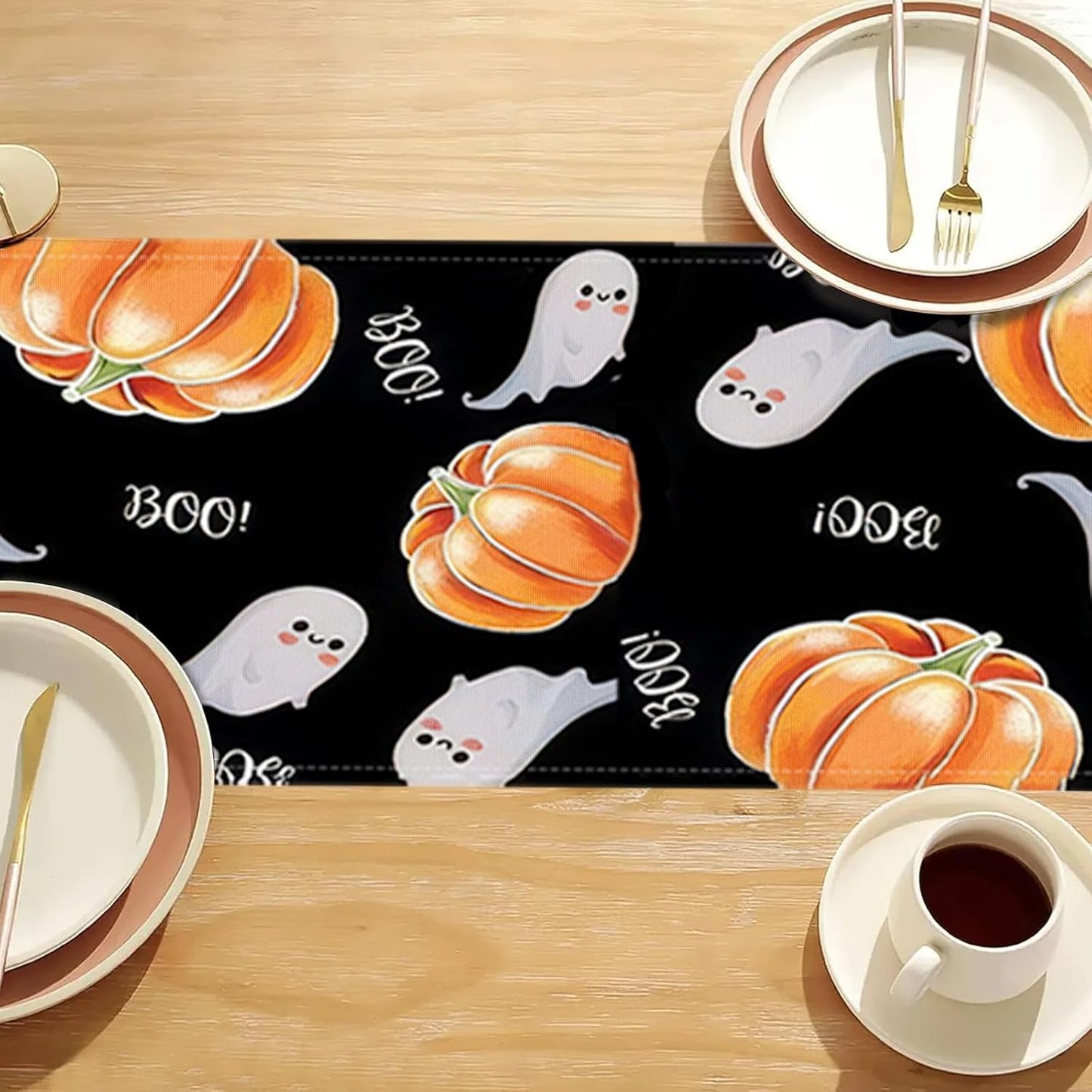 Halloween Table Runner Spooky Ghost Pumpkin Table Runner for Home Party Holiday Indoor Outdoor Table Decoration Halloween Table Decoration Kitchen Dining Table Decor 13 x 36 Inch (Black)