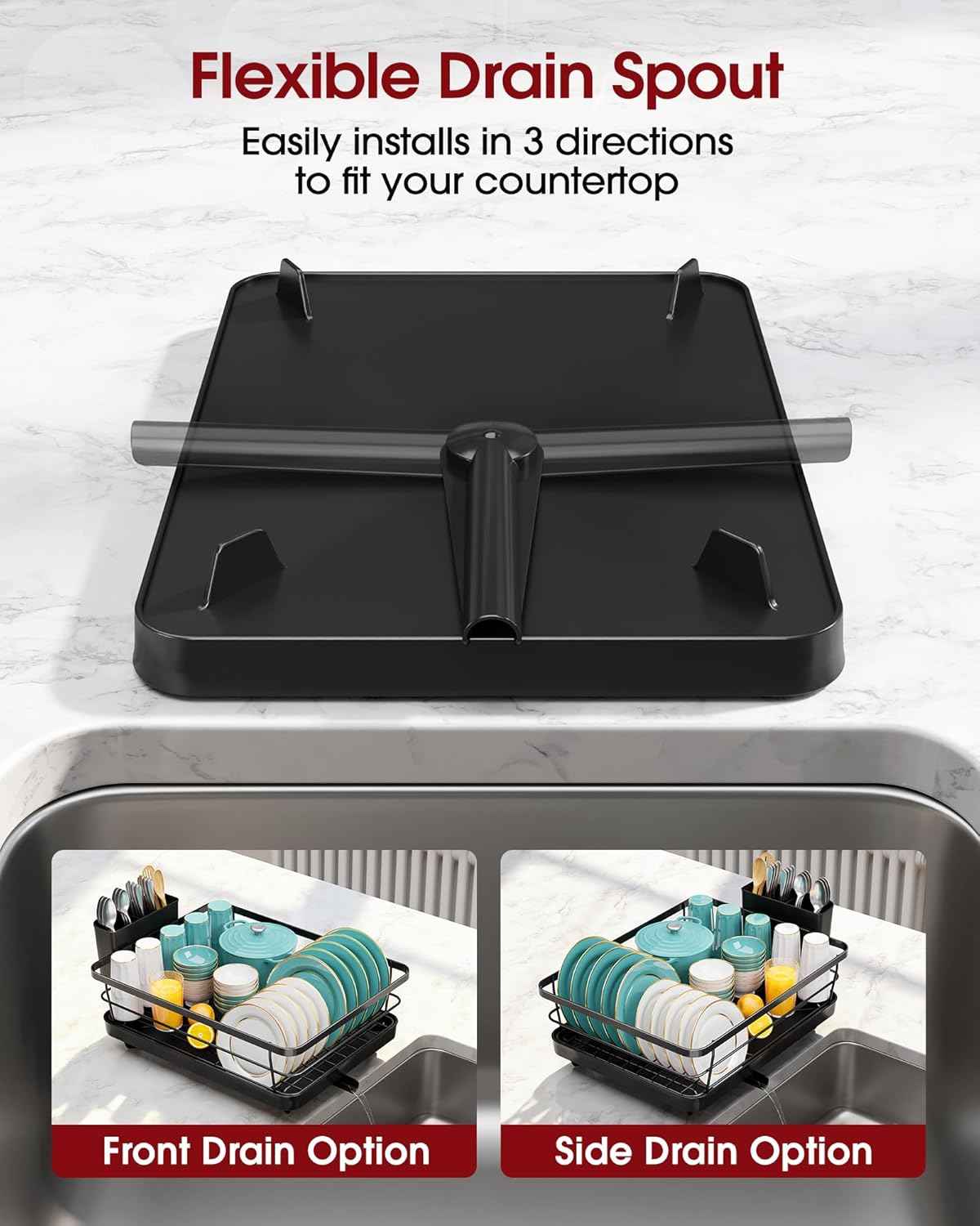 Sakugi Stainless Steel Dish Drying Rack for Kitchen Counter, Sink Organization and Storage Essentials with Silverware & Utensil Holder, Home and Apartment Decor, 12''W x 15.5''L, Black