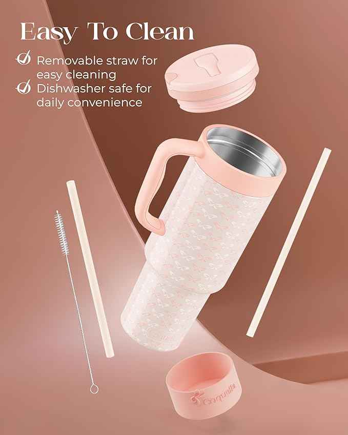 40 oz Insulated Tumbler with Handle and Push-Button Straw Lid, Stainless Steel Travel Cup for Gym Office, Leakproof, BPA-Free, Cup Holder Friendly, Bow Silicone Boot, Cream (Coquette Peachy)