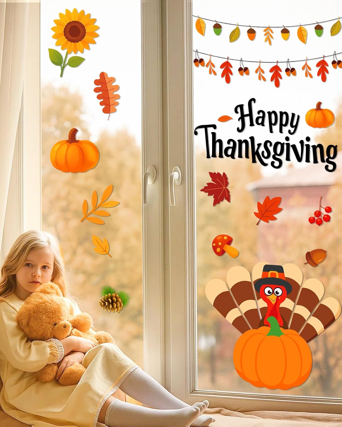 Thanksgiving Window Clings - 9 Sheets 114 Pcs Thanksgiving Decorations for Fall Autumn Harvest Home Party, Pumpkin Leaves Turkey Acorns Stickers for Glass, Double-Sided Static Window Decals