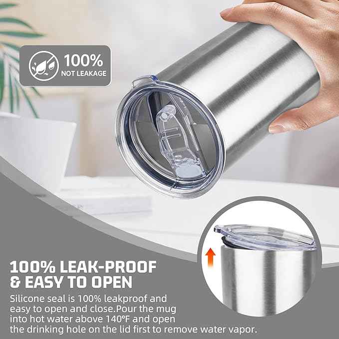 20 oz Tumbler with Lids and Straws, Stainless Steel Insulated Travel Coffee Mug, Double Wall Vacuum Insulated Tumblers, Powder Coated Coffee Tumbler for Cold & Hot Drinks (Silver, 4pack)